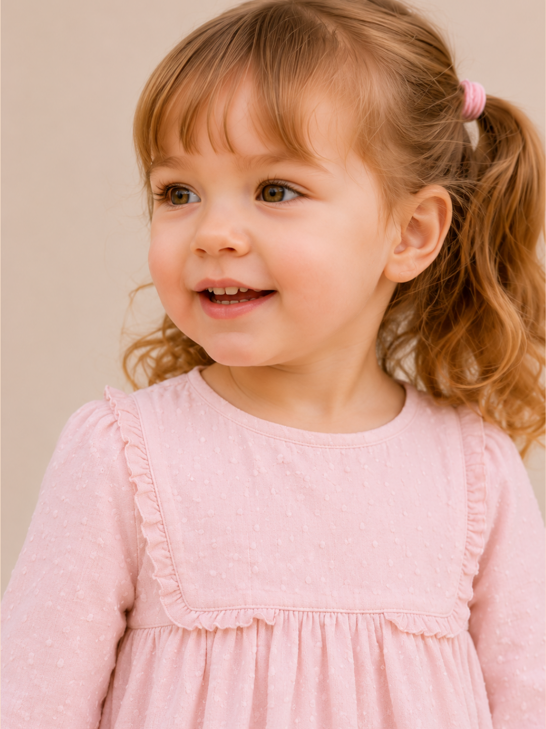 Toddler Girls Pink Swiss Dot Cotton Dress with Frill Yoke | Full Sleeve Casual & Party Wear Dress for Kids (1–5 Years)