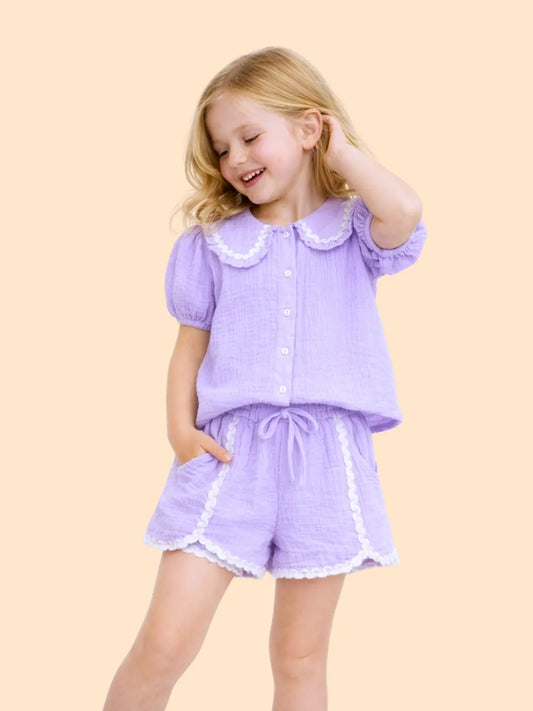 Girls Lavender Co-ord Set | Cute Top & Shorts Outfit for Kids (2-6 Years)