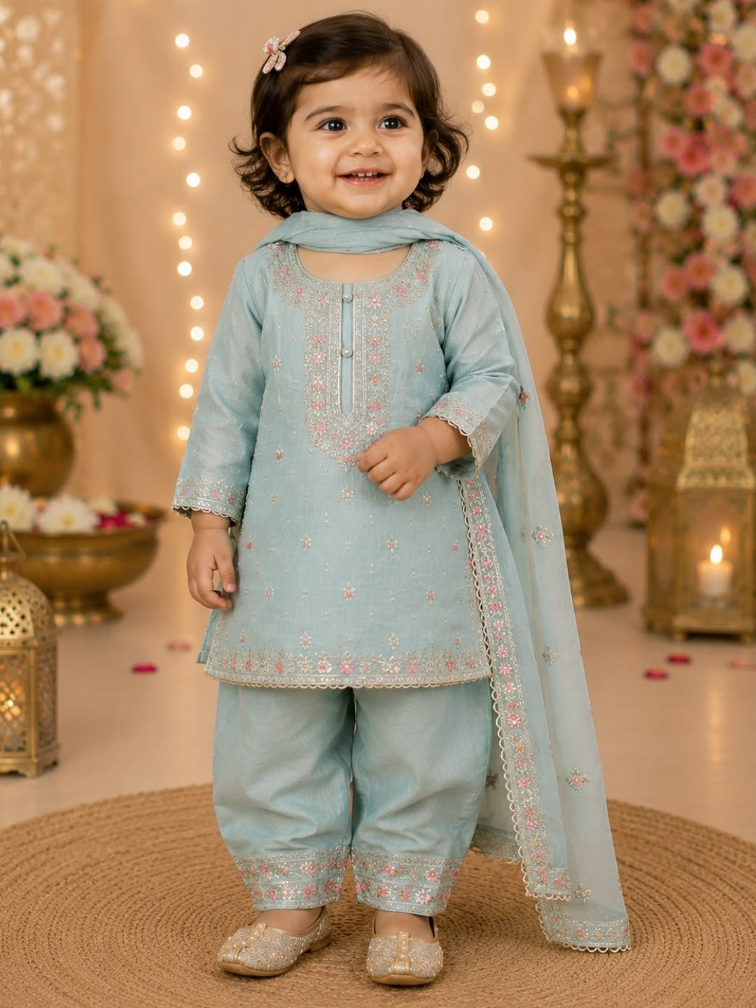 Baby Girls Sky Blue Embroidered Kurta Pant Set with Dupatta | Kids Ethnic Suit | Festive & Party Wear Traditional Dress for Girls (1- 8 Years)