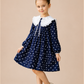 Girls Navy Blue Polka Dot Dress with White Frill Collar | Full Sleeve Vintage Party Wear Dress for Kids (2–8 Years)