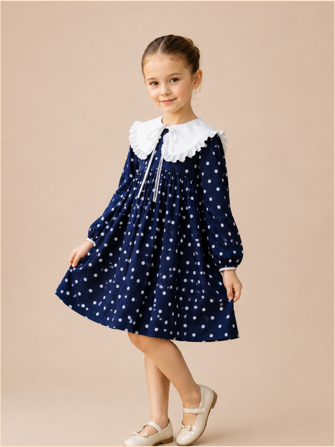 Girls Navy Blue Polka Dot Dress with White Frill Collar | Full Sleeve Vintage Party Wear Dress for Kids (2–8 Years)