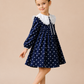 Girls Navy Blue Polka Dot Dress with White Frill Collar | Full Sleeve Vintage Party Wear Dress for Kids (2–8 Years)