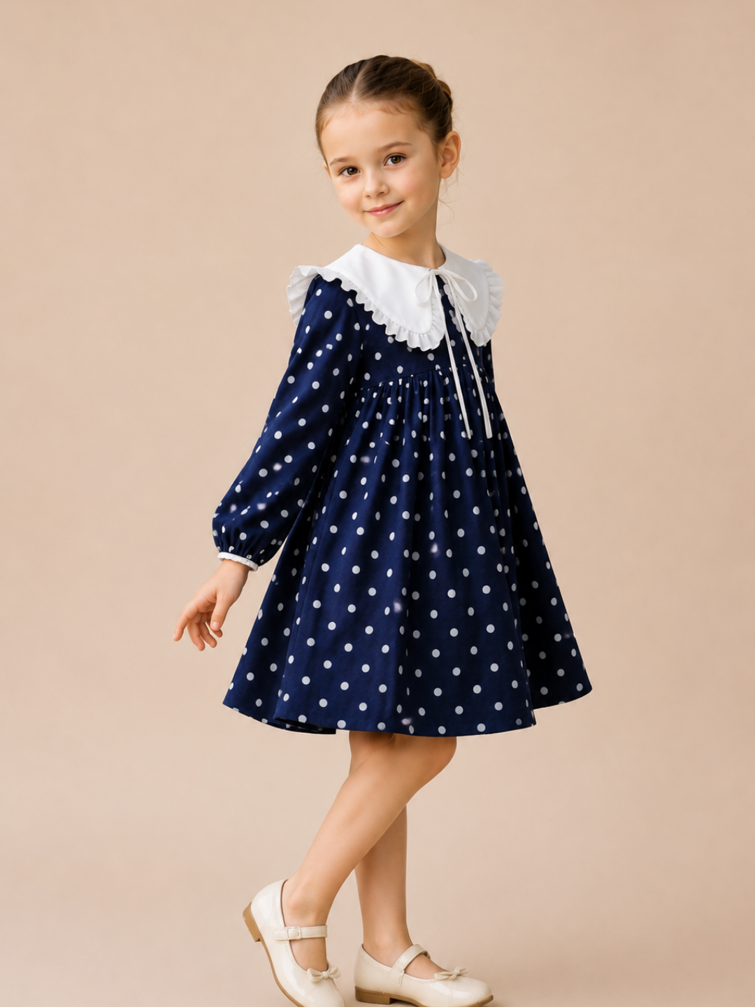 Girls Navy Blue Polka Dot Dress with White Frill Collar | Full Sleeve Vintage Party Wear Dress for Kids (2–8 Years)