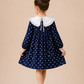 Girls Navy Blue Polka Dot Dress with White Frill Collar | Full Sleeve Vintage Party Wear Dress for Kids (2–8 Years)