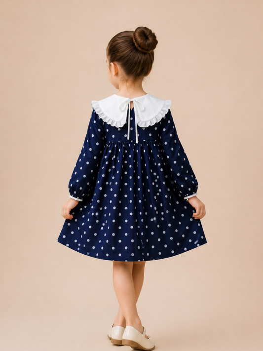 Girls Navy Blue Polka Dot Dress with White Frill Collar | Full Sleeve Vintage Party Wear Dress for Kids (2–8 Years)