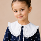 Girls Navy Blue Polka Dot Dress with White Frill Collar | Full Sleeve Vintage Party Wear Dress for Kids (2–8 Years)