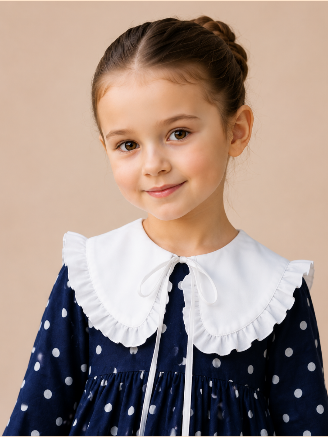 Girls Navy Blue Polka Dot Dress with White Frill Collar | Full Sleeve Vintage Party Wear Dress for Kids (2–8 Years)