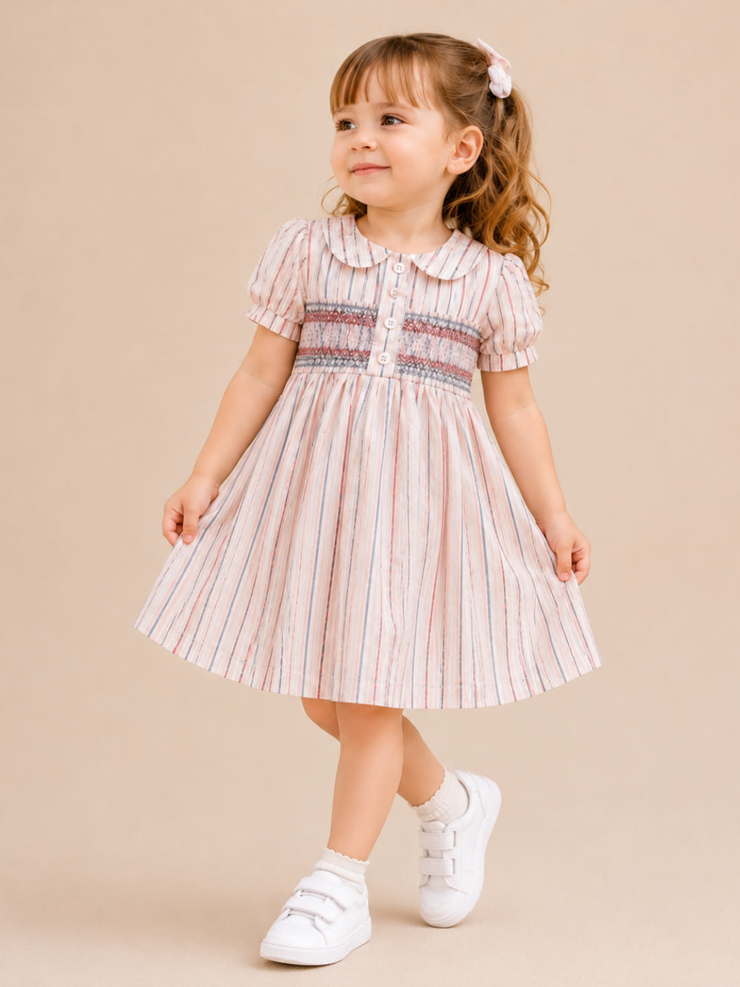 Toddler Girls Pink Striped Smocked Cotton Dress with Peter Pan Collar | Puff Sleeve Party Wear Dress for Kids (2–8 Years)