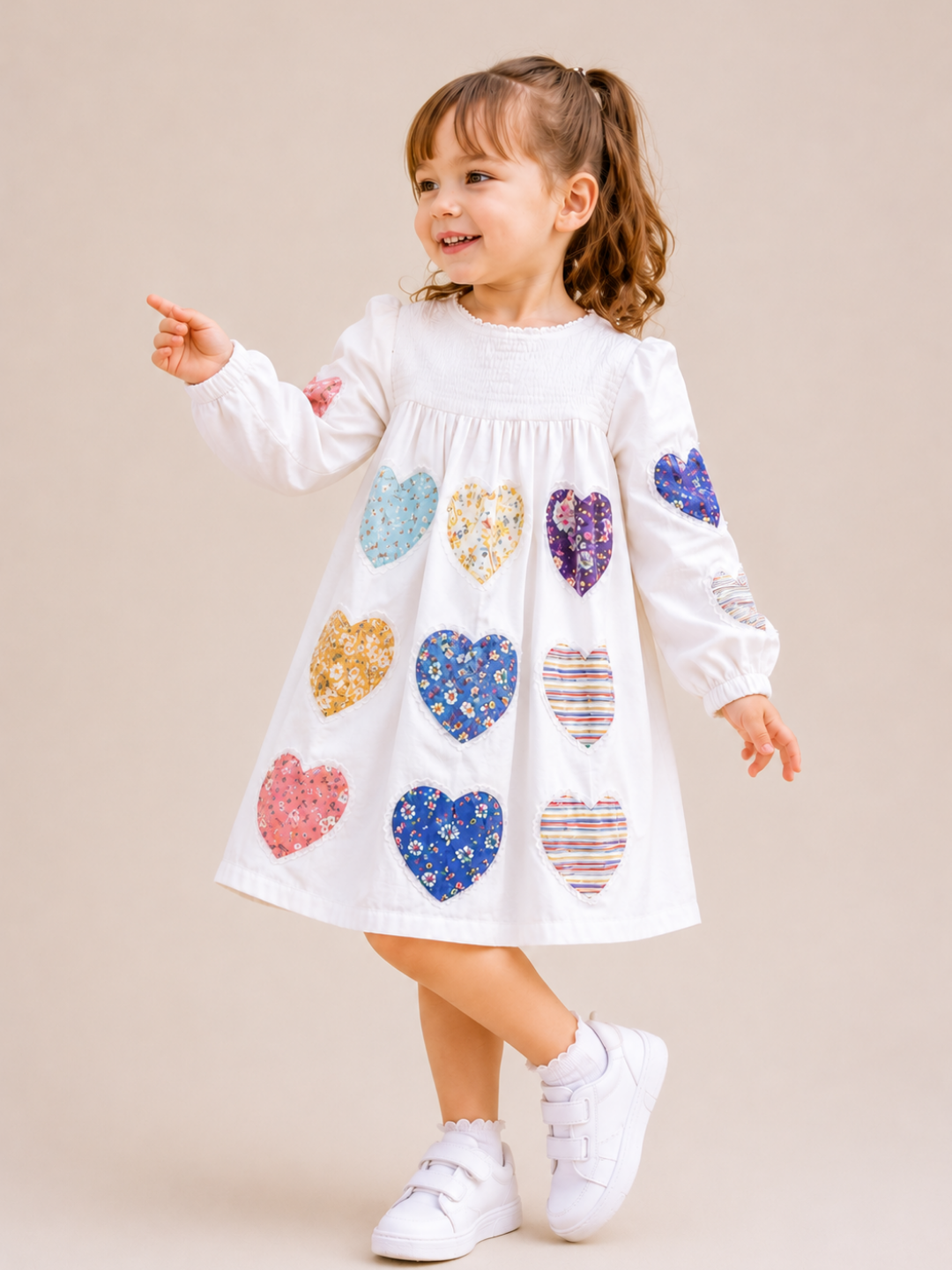 Toddler Girls White Heart Patch Cotton Dress | Long Sleeve Smocked Casual Party Dress for Kids (1–5 Years)