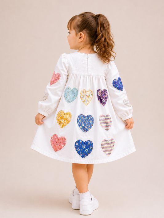 Toddler Girls White Heart Patch Cotton Dress | Long Sleeve Smocked Casual Party Dress for Kids (1–5 Years)