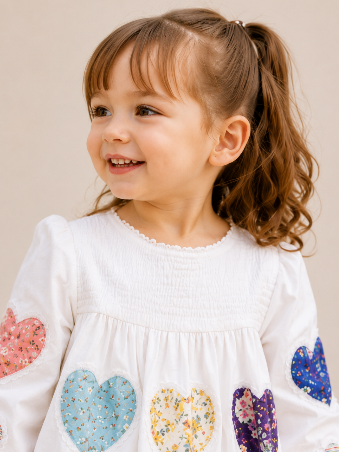 Toddler Girls White Heart Patch Cotton Dress | Long Sleeve Smocked Casual Party Dress for Kids (1–5 Years)