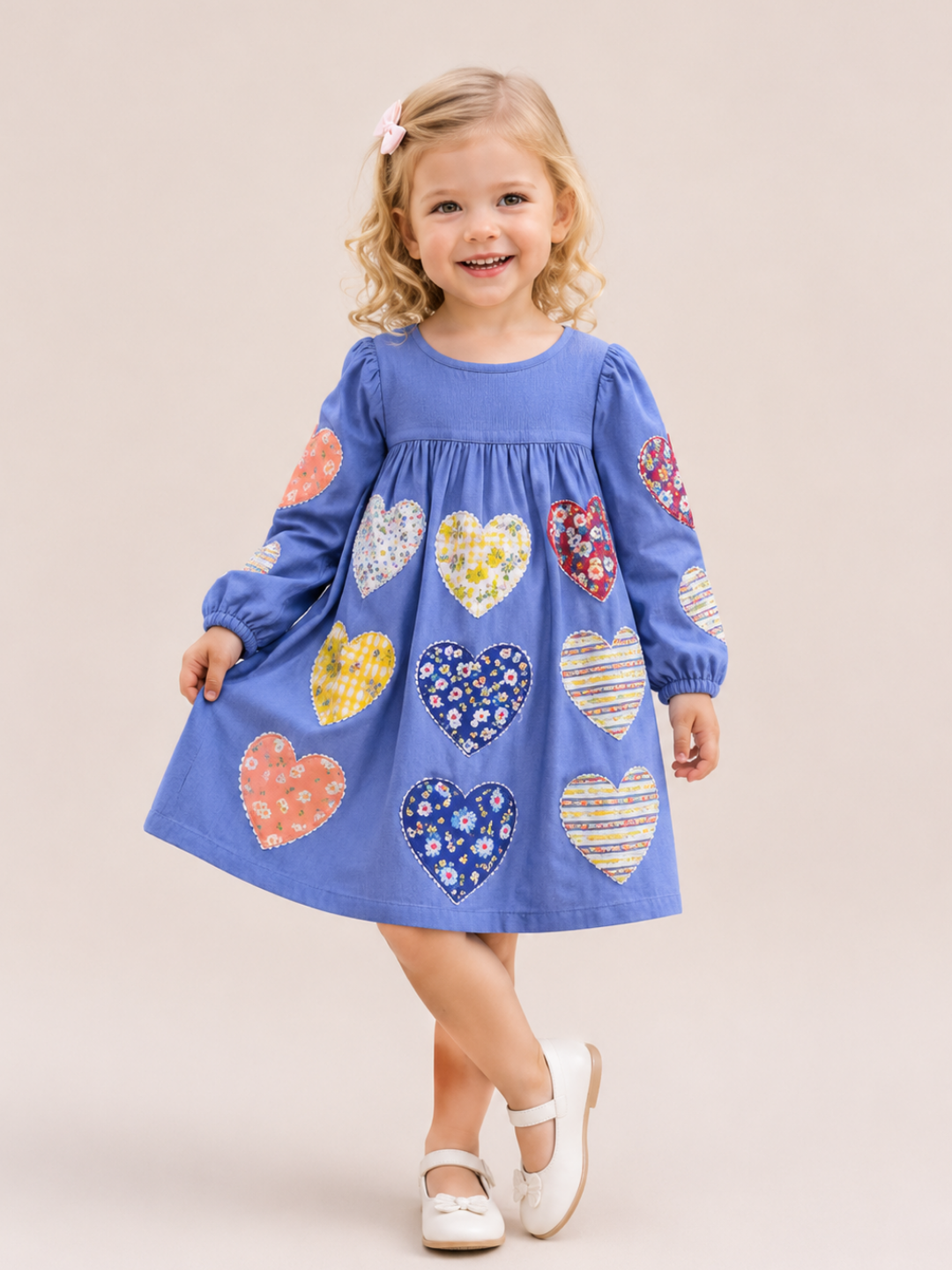 Toddler Girls Blue Heart Patch Cotton Dress | Long Sleeve Casual Party Dress for Kids (1–5 Years)