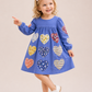 Toddler Girls Blue Heart Patch Cotton Dress | Long Sleeve Casual Party Dress for Kids (1–5 Years)