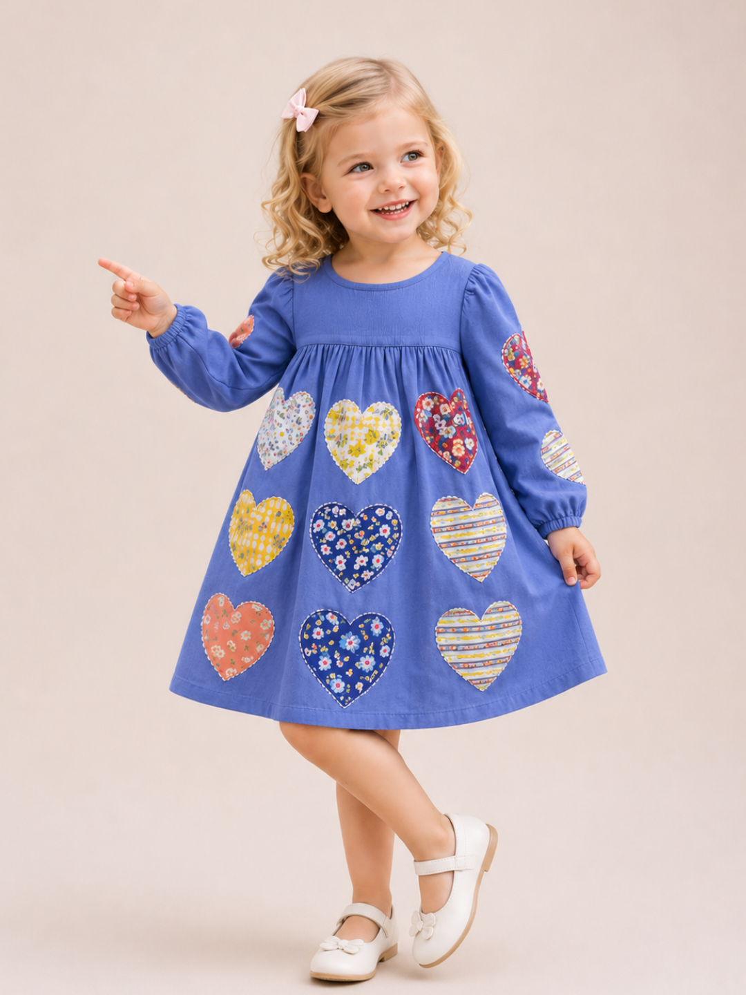 Toddler Girls Blue Heart Patch Cotton Dress | Long Sleeve Casual Party Dress for Kids (1–5 Years)