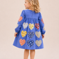 Toddler Girls Blue Heart Patch Cotton Dress | Long Sleeve Casual Party Dress for Kids (1–5 Years)