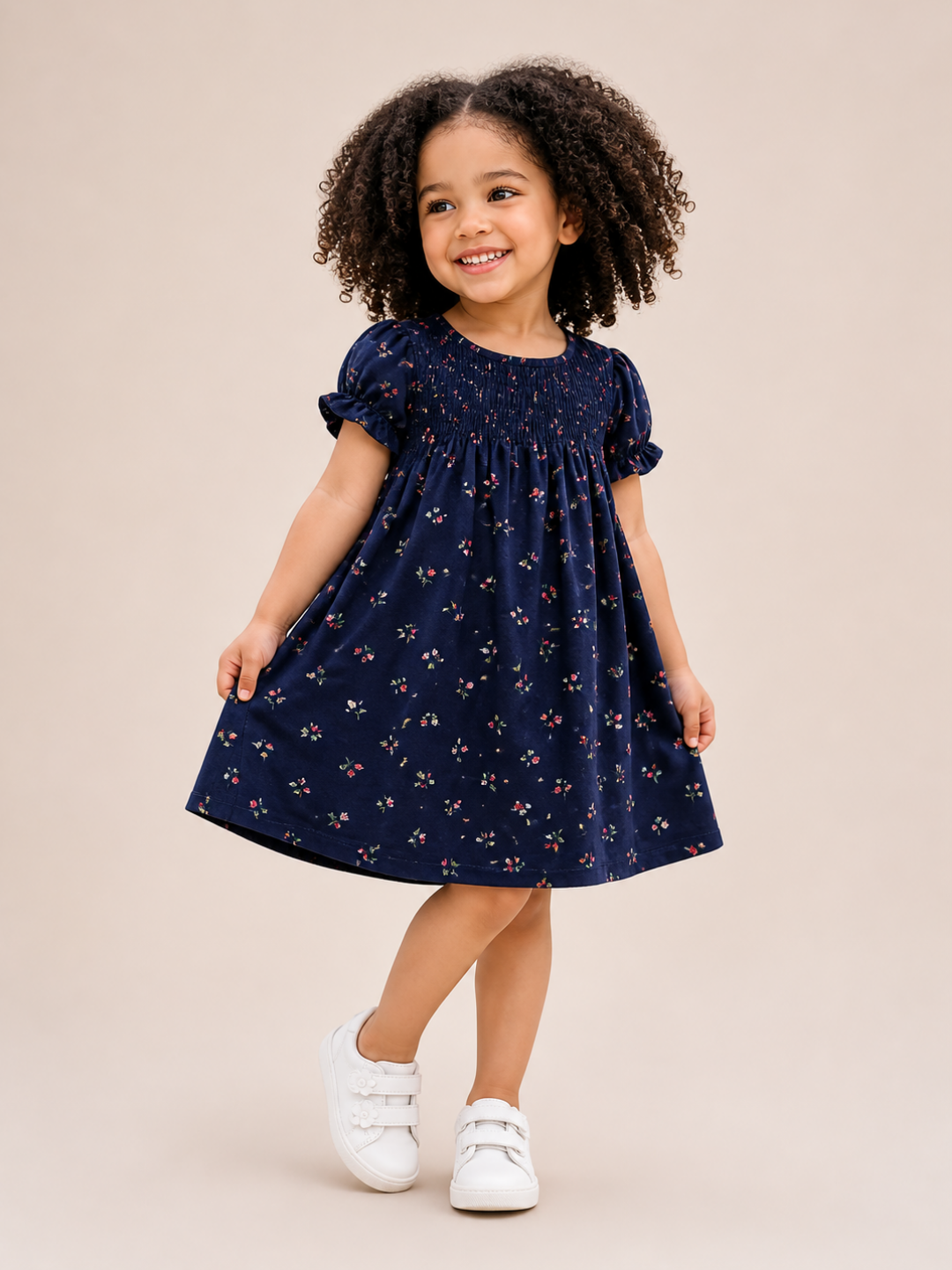 Toddler Girls Navy Blue Floral Cotton Dress | Smocked Short Sleeve Casual Party Dress for Kids (2–8 Years)