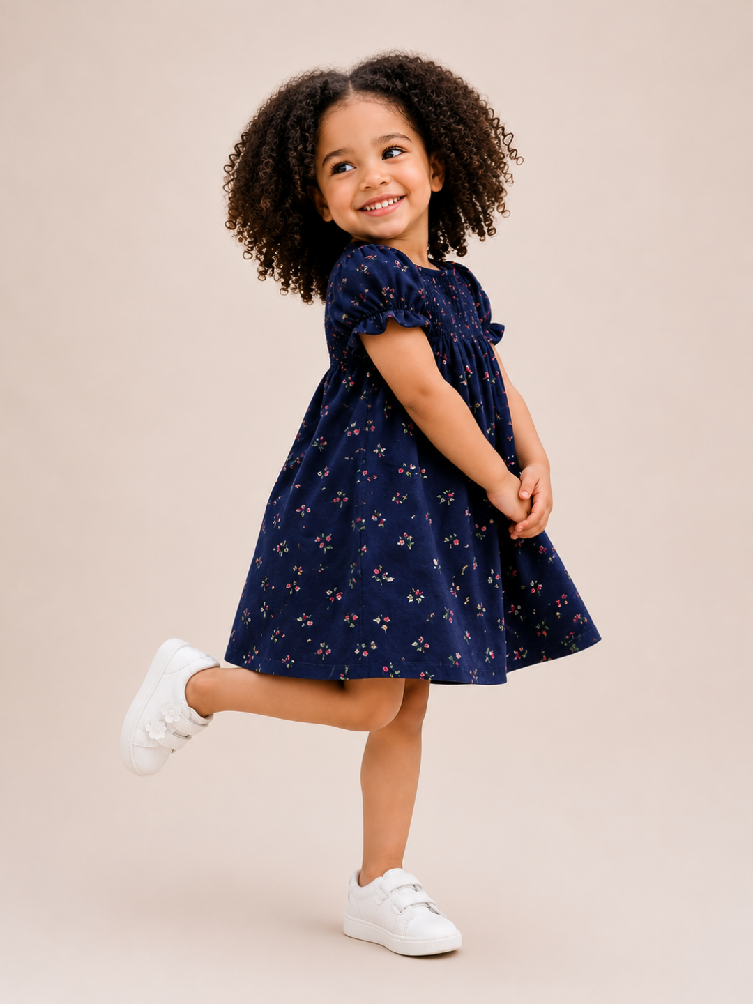 Toddler Girls Navy Blue Floral Cotton Dress | Smocked Short Sleeve Casual Party Dress for Kids (2–8 Years)
