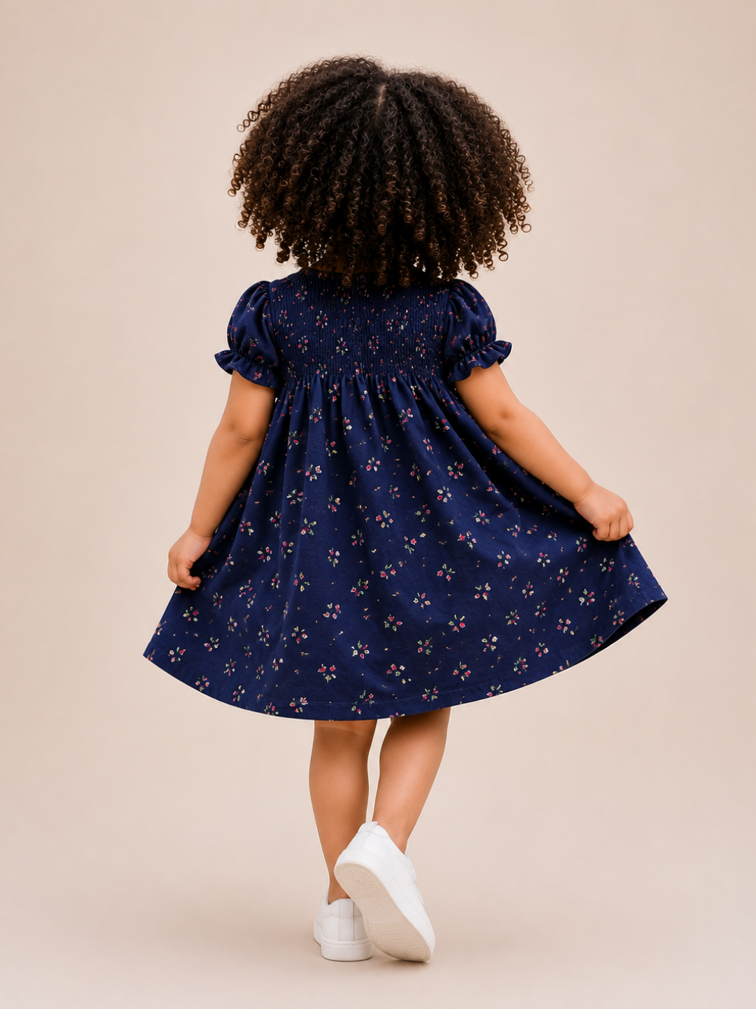 Toddler Girls Navy Blue Floral Cotton Dress | Smocked Short Sleeve Casual Party Dress for Kids (2–8 Years)