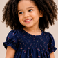 Toddler Girls Navy Blue Floral Cotton Dress | Smocked Short Sleeve Casual Party Dress for Kids (2–8 Years)
