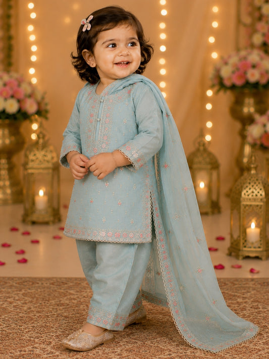 Baby Girls Sky Blue Embroidered Kurta Pant Set with Dupatta | Kids Ethnic Suit | Festive & Party Wear Traditional Dress for Girls (1- 8 Years)