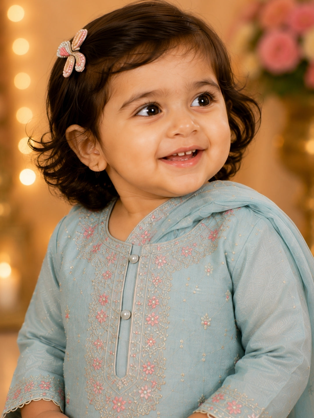 Baby Girls Sky Blue Embroidered Kurta Pant Set with Dupatta | Kids Ethnic Suit | Festive & Party Wear Traditional Dress for Girls (1- 8 Years)