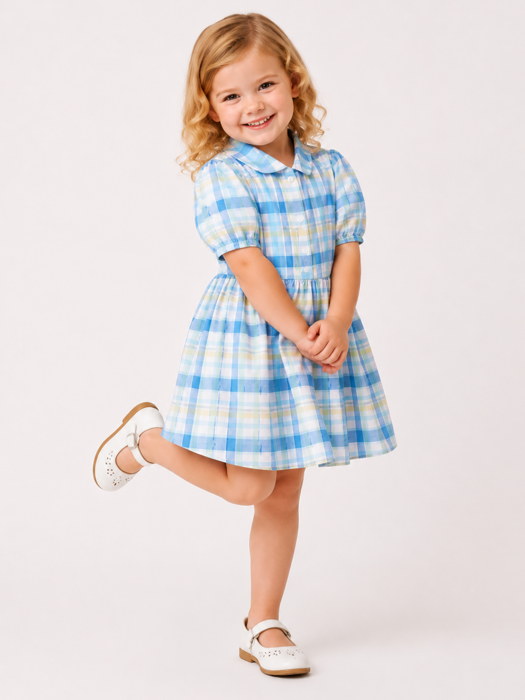 Toddler Girls Blue Plaid Cotton Dress | Peter Pan Collar Short Sleeve Casual Party Dress for Kids (1–5 Years)