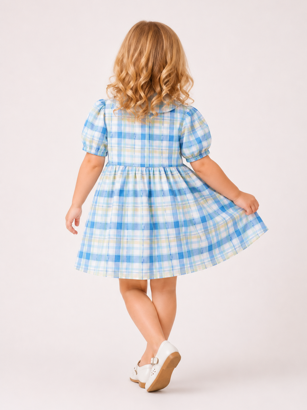 Toddler Girls Blue Plaid Cotton Dress | Peter Pan Collar Short Sleeve Casual Party Dress for Kids (1–5 Years)