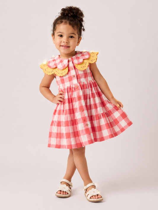 Toddler Girls Pink Gingham Cotton Dress | Scalloped Collar Sleeveless Casual Party Dress for Kids (2–8 Years)