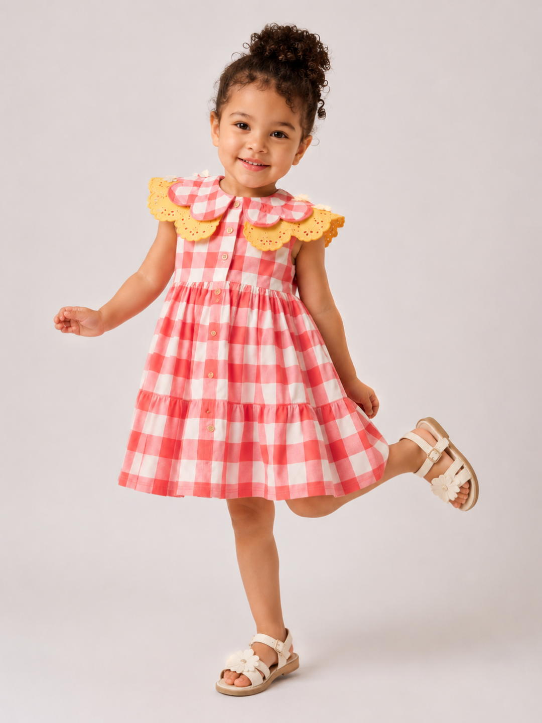 Toddler Girls Pink Gingham Cotton Dress | Scalloped Collar Sleeveless Casual Party Dress for Kids (2–8 Years)