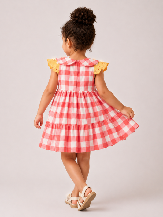 Toddler Girls Pink Gingham Cotton Dress | Scalloped Collar Sleeveless Casual Party Dress for Kids (2–8 Years)