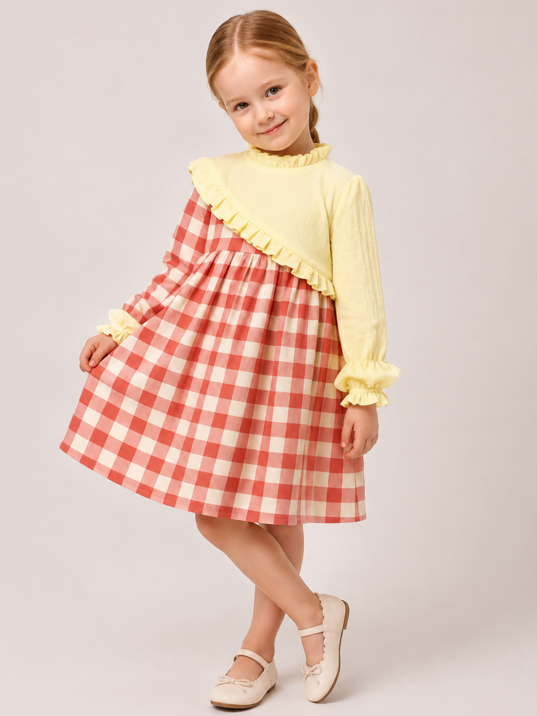 Toddler Girls Yellow & Coral Gingham Cotton Dress | Long Sleeve Ruffle Casual Party Dress for Kids (2–8 Years)