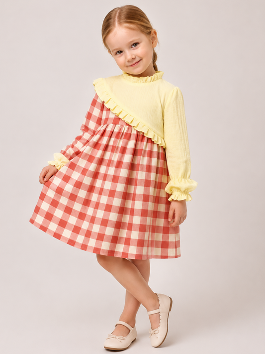 Toddler Girls Yellow & Coral Gingham Cotton Dress | Long Sleeve Ruffle Casual Party Dress for Kids (2–8 Years)