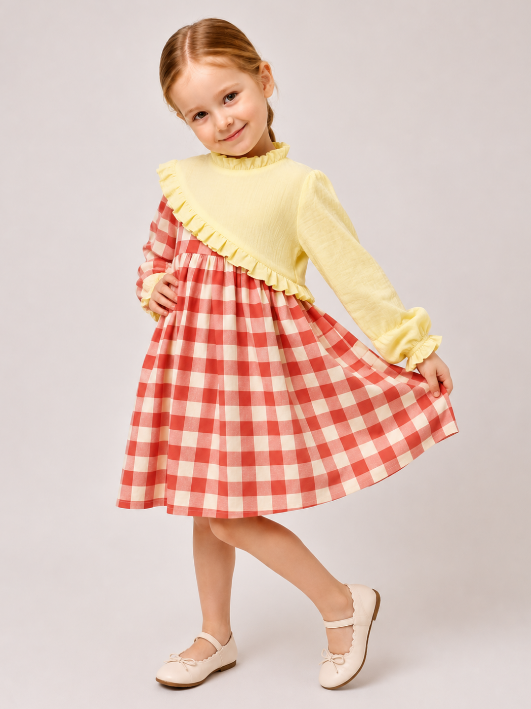 Toddler Girls Yellow & Coral Gingham Cotton Dress | Long Sleeve Ruffle Casual Party Dress for Kids (2–8 Years)