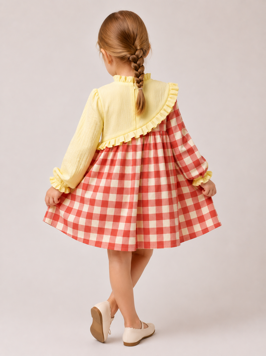 Toddler Girls Yellow & Coral Gingham Cotton Dress | Long Sleeve Ruffle Casual Party Dress for Kids (2–8 Years)