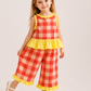 Toddler Girls Coral Gingham Co-Ord Set with Yellow Ruffle Top & Wide Leg Pants | Cotton Summer Outfit for Kids (1–6 Years)