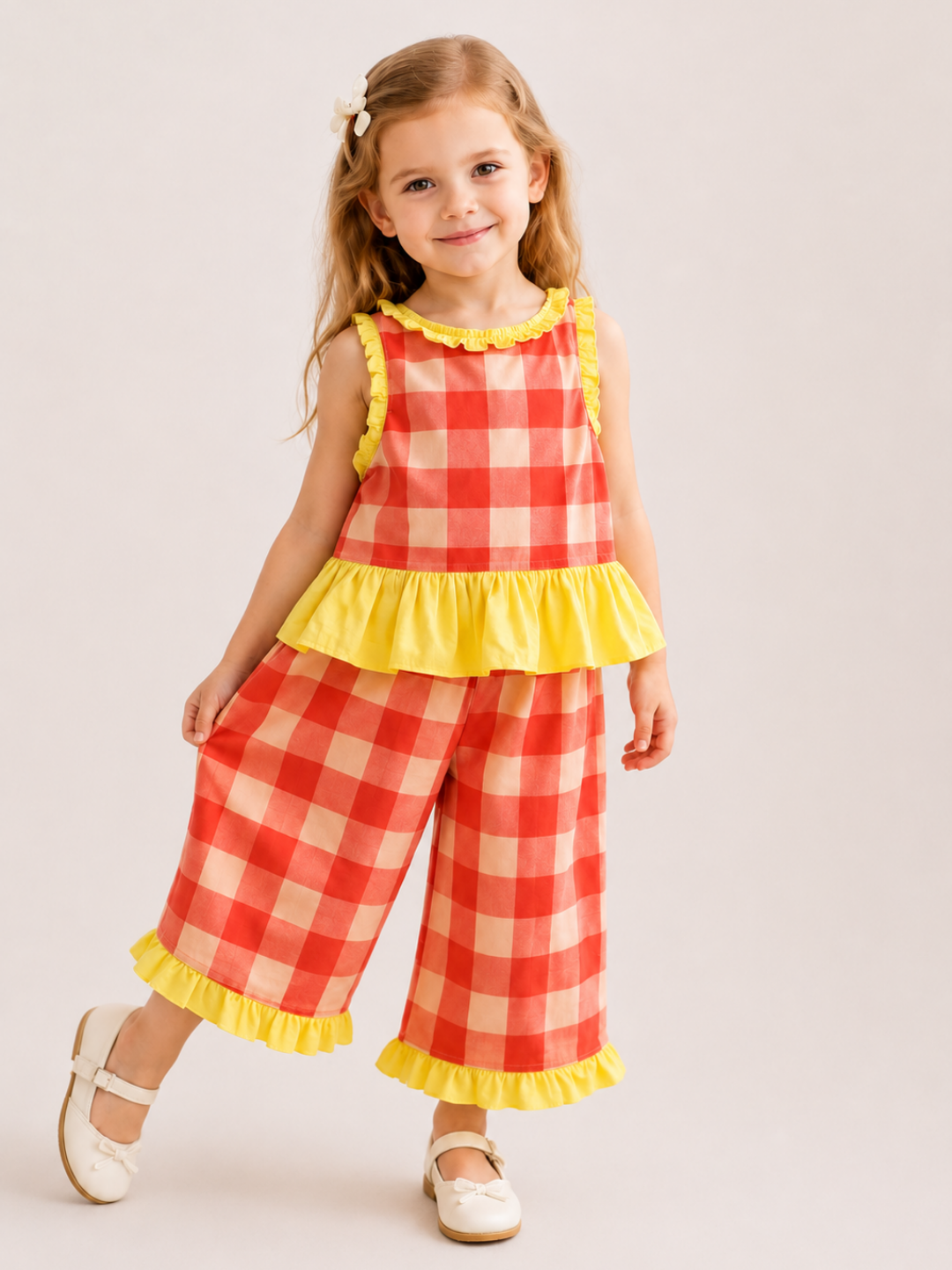 Toddler Girls Coral Gingham Co-Ord Set with Yellow Ruffle Top & Wide Leg Pants | Cotton Summer Outfit for Kids (1–6 Years)