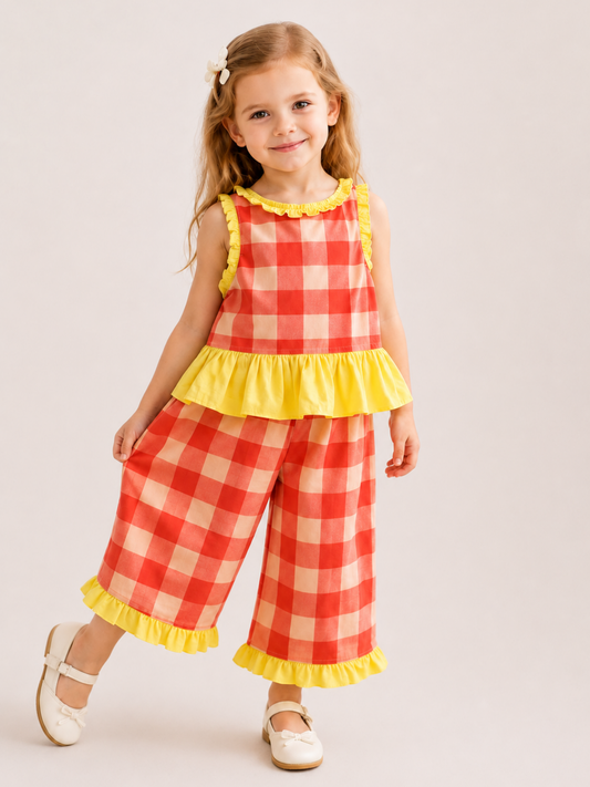 Toddler Girls Coral Gingham Co-Ord Set with Yellow Ruffle Top & Wide Leg Pants | Cotton Summer Outfit for Kids (1–6 Years)