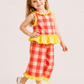 Toddler Girls Coral Gingham Co-Ord Set with Yellow Ruffle Top & Wide Leg Pants | Cotton Summer Outfit for Kids (1–6 Years)