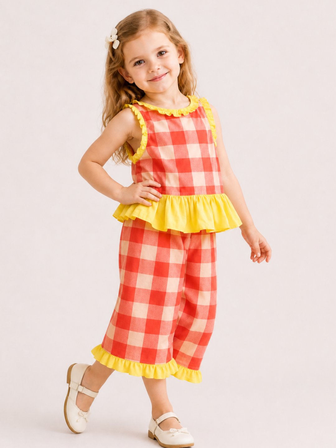 Toddler Girls Coral Gingham Co-Ord Set with Yellow Ruffle Top & Wide Leg Pants | Cotton Summer Outfit for Kids (1–6 Years)