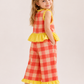Toddler Girls Coral Gingham Co-Ord Set with Yellow Ruffle Top & Wide Leg Pants | Cotton Summer Outfit for Kids (1–6 Years)