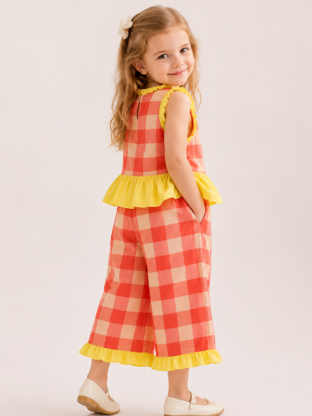Toddler Girls Coral Gingham Co-Ord Set with Yellow Ruffle Top & Wide Leg Pants | Cotton Summer Outfit for Kids (1–6 Years)