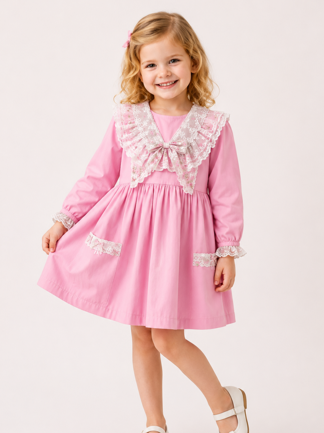 Toddler Girls Pink Lace Bow Party Dress with Long Sleeves | Elegant Cotton Princess Dress for Kids (2–8 Years)