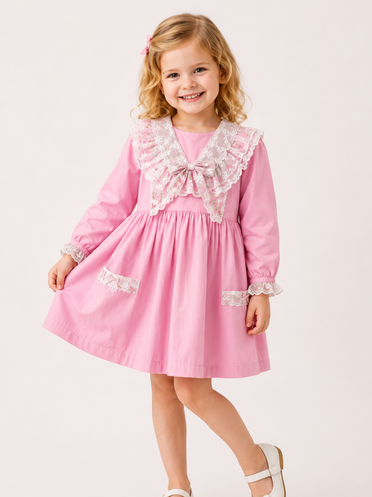Toddler Girls Pink Lace Bow Party Dress with Long Sleeves | Elegant Cotton Princess Dress for Kids (2–8 Years)