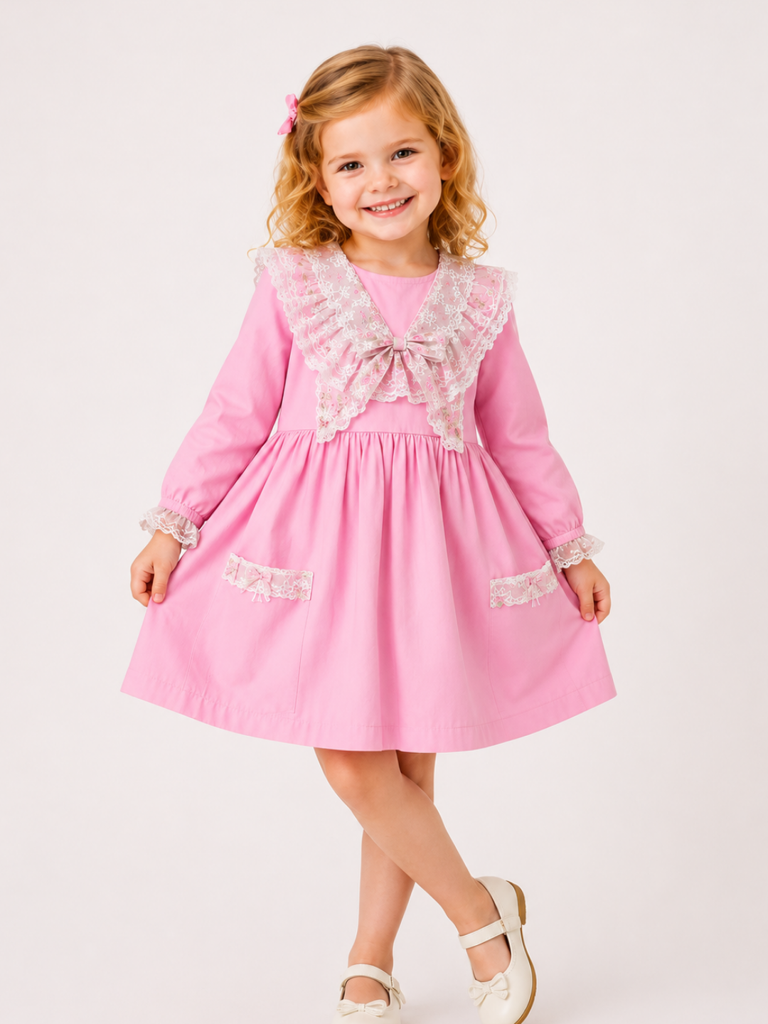 Toddler Girls Pink Lace Bow Party Dress with Long Sleeves | Elegant Cotton Princess Dress for Kids (2–8 Years)