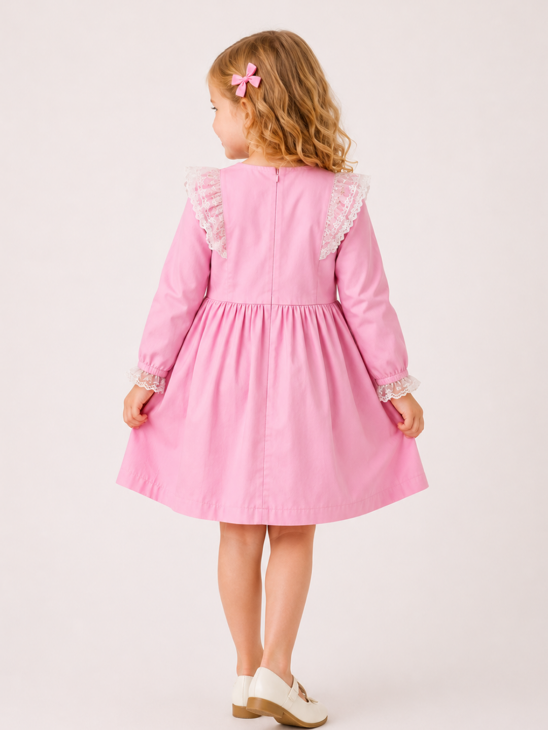 Toddler Girls Pink Lace Bow Party Dress with Long Sleeves | Elegant Cotton Princess Dress for Kids (2–8 Years)