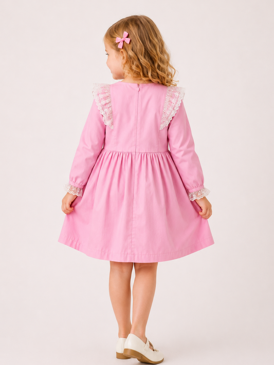 Toddler Girls Pink Lace Bow Party Dress with Long Sleeves | Elegant Cotton Princess Dress for Kids (2–8 Years)