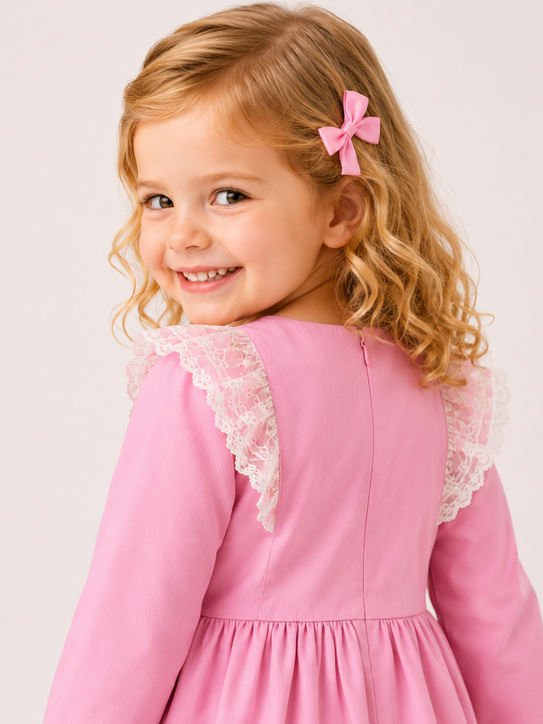 Toddler Girls Pink Lace Bow Party Dress with Long Sleeves | Elegant Cotton Princess Dress for Kids (2–8 Years)