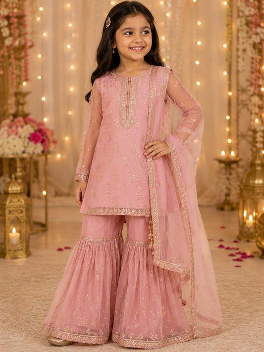 Girls Pink Embroidered Kurta Sharara Set with Dupatta | Kids Ethnic Party Wear Suit | Festive Traditional Dress for Girls (1–8 Years)