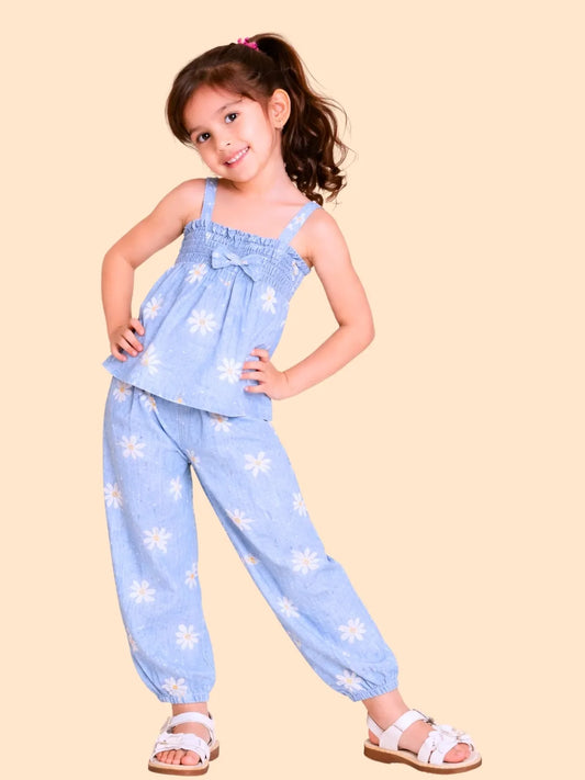 Girls Blue Floral Co-ord Set | Sleeveless Top & Pants Outfit for Kids (2-6 Years)