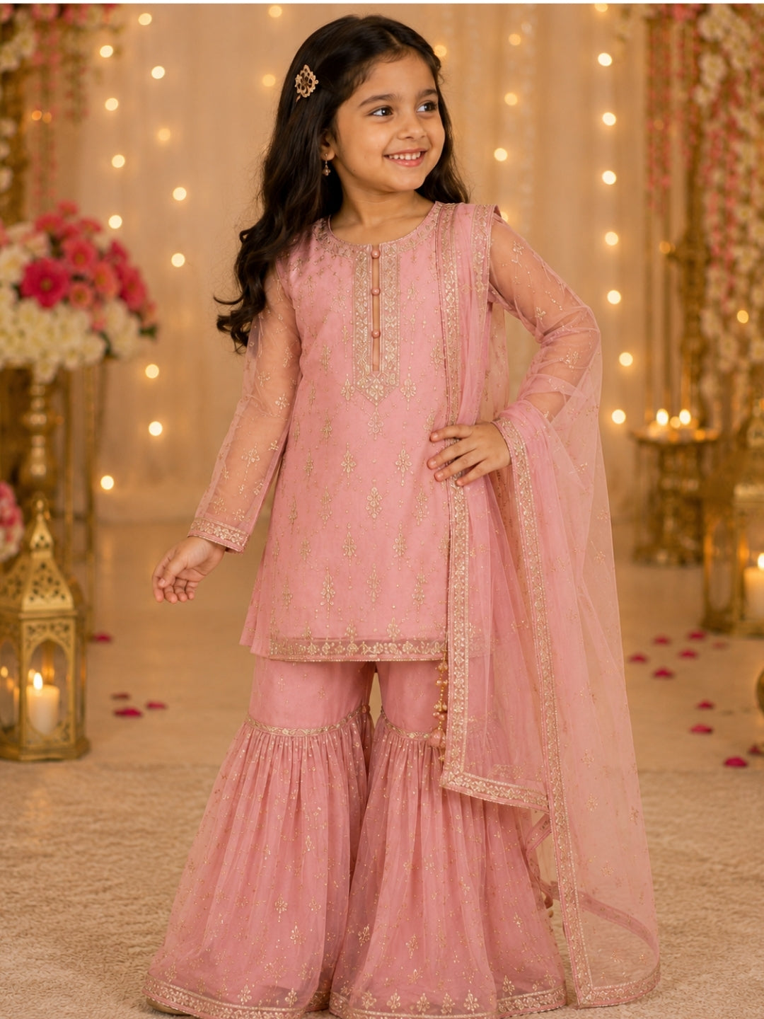 Girls Pink Embroidered Kurta Sharara Set with Dupatta | Kids Ethnic Party Wear Suit | Festive Traditional Dress for Girls (1–8 Years)